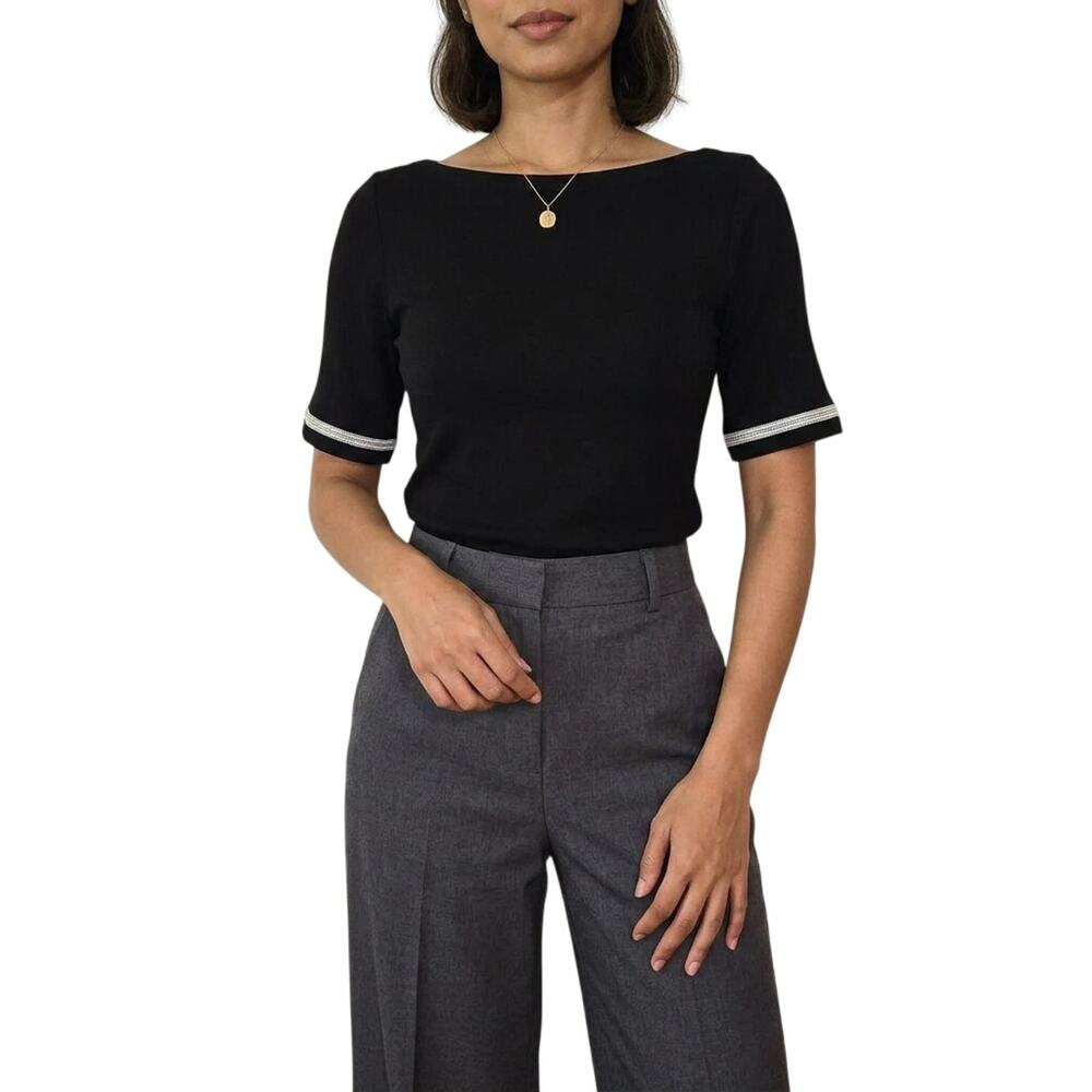LAUREN RALPH LAUREN Stretch Cotton Boatneck Tee Small Black Silver Old Money